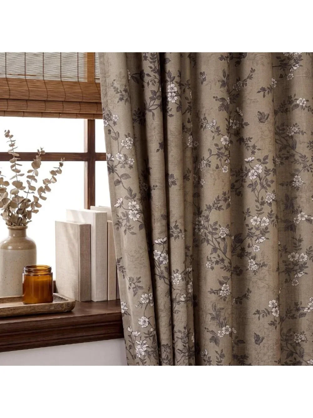 Elegant Brown Linen Pinch Pleat Curtains | Floral Fall Home Decor 96